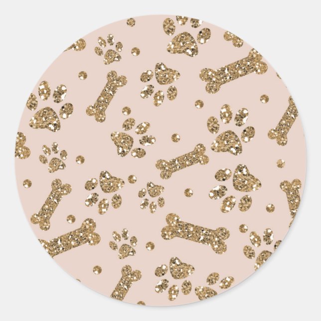 Sticker Rond Parties scintillant d'or Beige Blush Pet Paw Bone  (Devant)