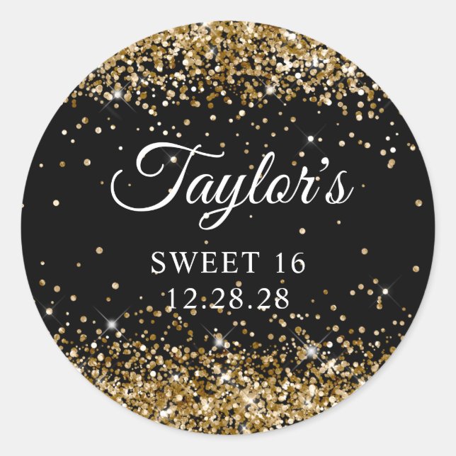 Sticker Rond Parties scintillant d'or Black Sweet 16 (Devant)