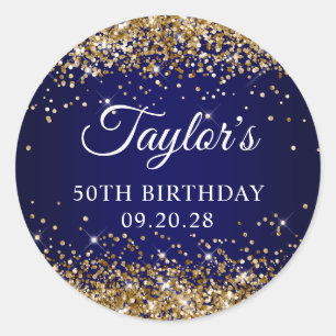 Sticker Rond Parties scintillant d'or bleu marine 50e anniversa