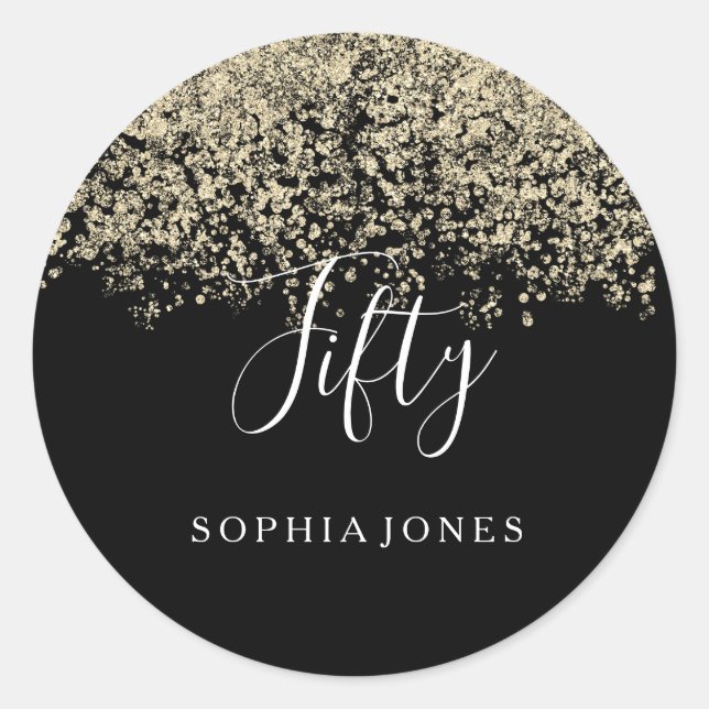Sticker Rond Parties scintillant d'or Confetti Black 50e annive (Devant)