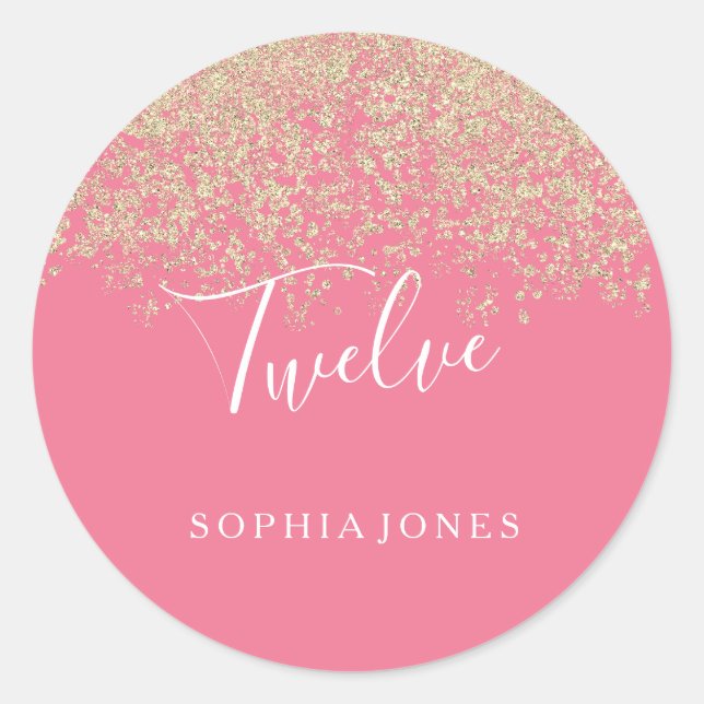 Sticker Rond Parties scintillant d'or Confetti rose 12e anniver (Devant)