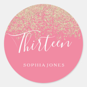 Sticker Rond Parties scintillant d'or Confetti rose 13e anniver