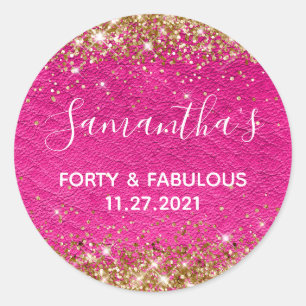Sticker Rond Parties scintillant d'or Cuir rose chaud quarante 