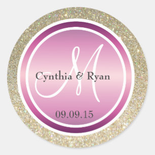 Sticker Rond Parties scintillant d'or et Mariage mauve métalliq