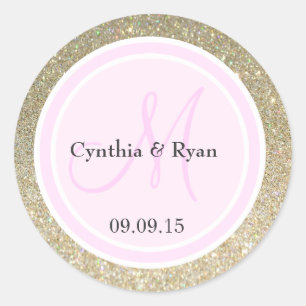 Sticker Rond Parties scintillant d'or et Mariage rose clair