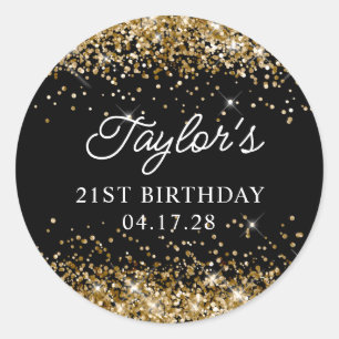 Sticker Rond Parties scintillant d'or et noir 21e anniversaire