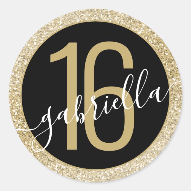 Sticker Rond Parties scintillant d'or et Noir Anniversaire pers (Devant)