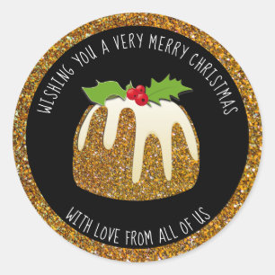 Sticker Rond Parties scintillant d'or festif pudding MERRY CHRI