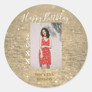 Sticker Rond Parties scintillant d'or heureux 15e anniversaire 