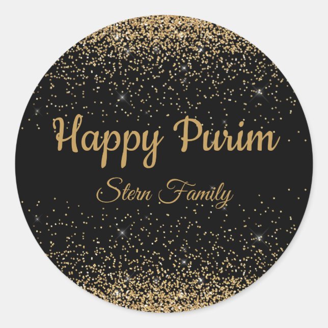 Sticker Rond Parties scintillant d'or Joyeux Purim Juif (Devant)