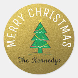 Sticker Rond Parties scintillant d'or Joyeux sapin de Noël
