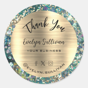 Sticker Rond Parties scintillant d'or Merci Opal Turquoise