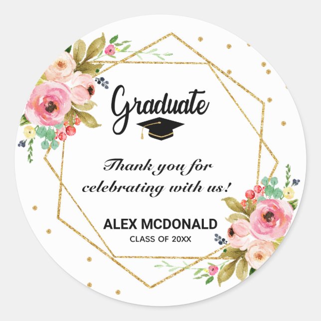 Sticker Rond Parties scintillant d'or moderne Merci de graduati (Devant)