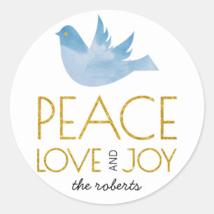 Sticker Rond Parties scintillant d'or Paix, Amour, Joie colombe