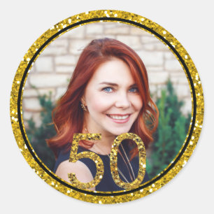 Sticker Rond Parties scintillant d'or Photo 50e anniversaire de