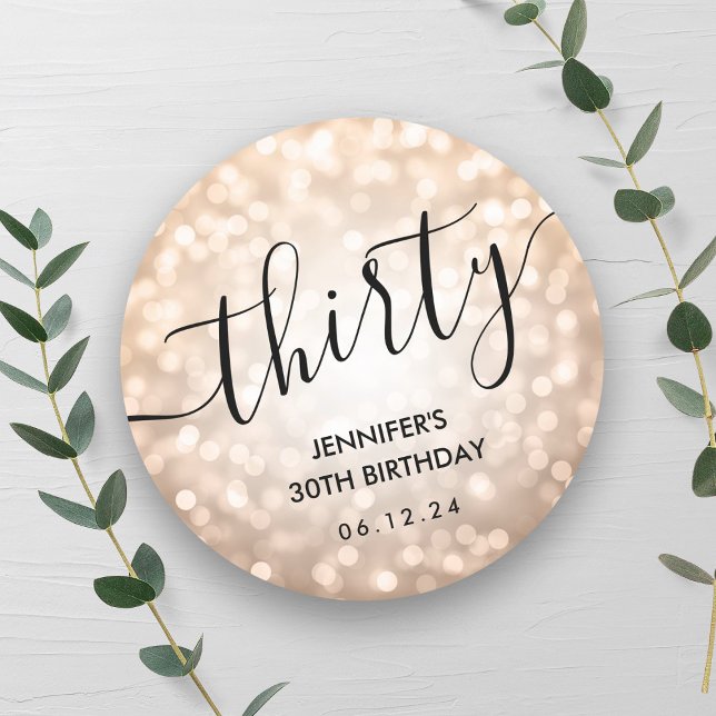 Sticker Rond Parties scintillant d'or Rose moderne lumières 30e (Modern Rose Gold Glitter Lights 30th Birthday Classic Round Sticker)