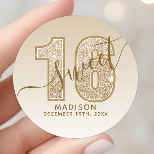 Sticker Rond Parties scintillant d'or Script Sweet 16 Anniversa
