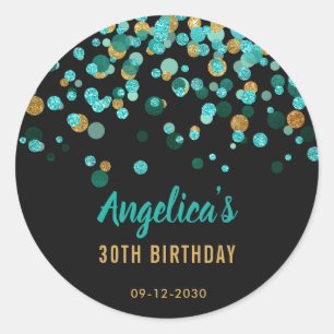 Sticker Rond Parties scintillant d'or turquoise Confetti Noir A