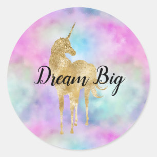 Sticker Rond Parties scintillant d'or Unicorne violet rose Aqua