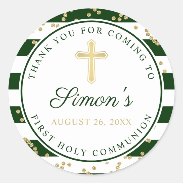 Sticker Rond Parties scintillant d'or Vert rayé Première Sainte (Devant)