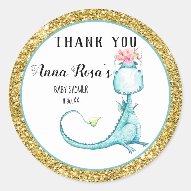 Sticker Rond *~* Parties scintillant Dragon Bleu Bébé Fille Dou (Devant)