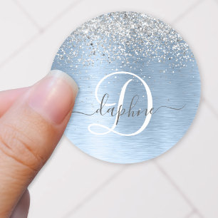 Sticker Rond Parties scintillant en argent brossé bleu Nom du m