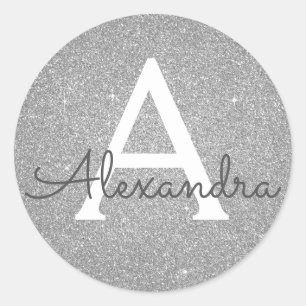 Sticker Rond Parties scintillant en argent de luxe et Monogramm