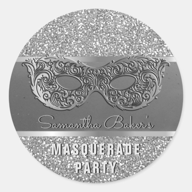 Sticker Rond Parties scintillant en argent Masquerade Party Gla (Devant)