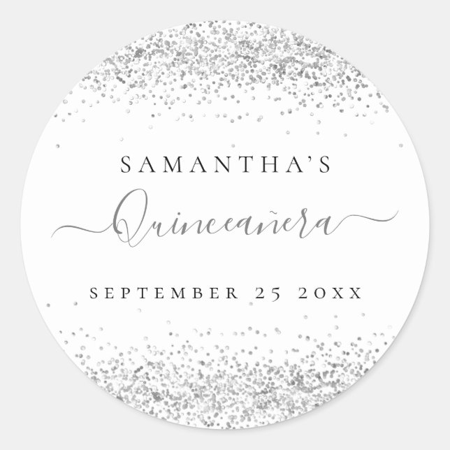 Sticker Rond Parties scintillant en argent Quinceañera Nom Date (Devant)