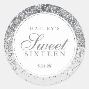Sticker Rond Parties scintillant en argent Sweet sixteen