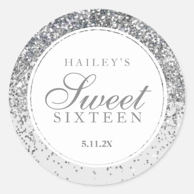 Sticker Rond Parties scintillant en argent Sweet sixteen (Devant)