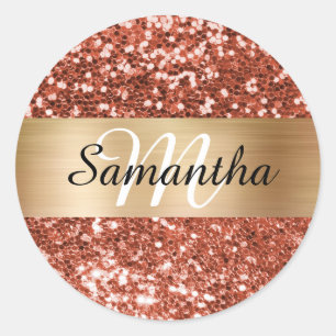 Sticker Rond Parties scintillant en cuivre étincelant Monogramm
