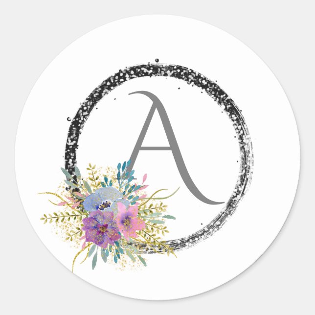 Sticker Rond *~* Parties scintillant florale populaire Monogram (Devant)