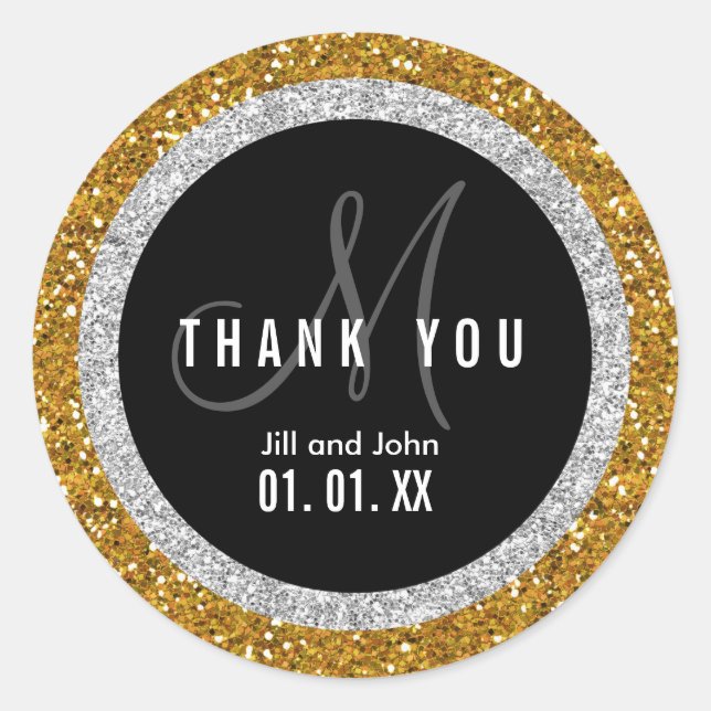 Sticker Rond Parties scintillant Gold Black Mariage Merci Favor (Devant)