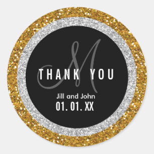 Sticker Rond Parties scintillant Gold Black Mariage Merci Favor