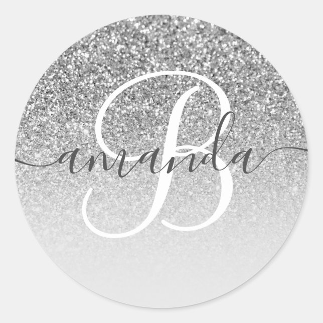 Sticker Rond Parties scintillant gris argent Ombre Monogramme (Devant)