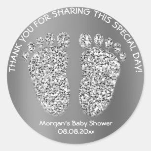 Sticker Rond Parties scintillant gris argent pieds Baby shower 