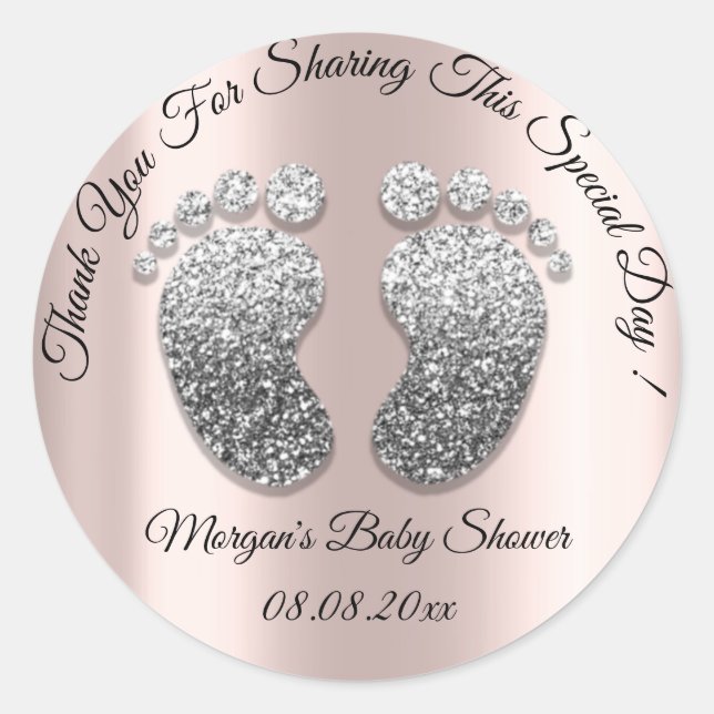 Sticker Rond Parties scintillant gris argent pieds Baby shower  (Devant)