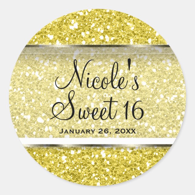 Sticker Rond Parties scintillant Jaune Glam Sweet 16 Custom Par (Devant)