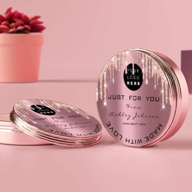 Sticker Rond Parties scintillant Merci Logo Rose Drives Fabriqu (Glitter Thank Logo Rose Drips Made With Love Pink Classic Round Sticker)