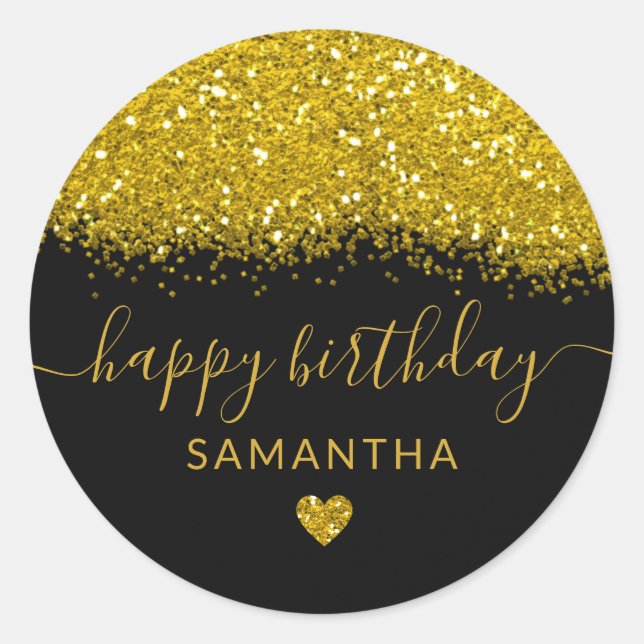 Sticker Rond Parties scintillant Noir Et Or Joyeux Anniversaire (Devant)