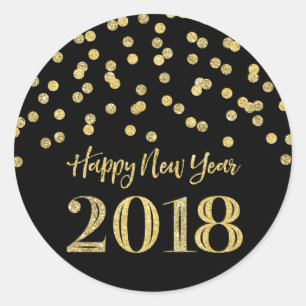 Sticker Rond Parties scintillant Noir Or Confetti Joyeux Nouvel