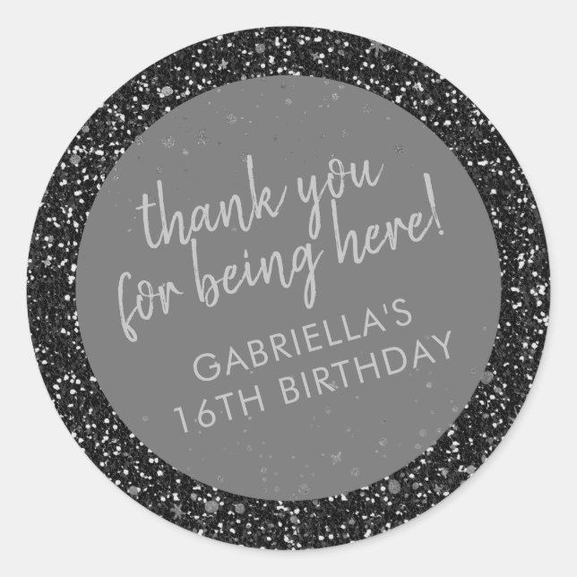 Sticker Rond Parties scintillant noire Anniversaire Favoriser M (Devant)