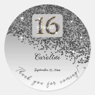 Sticker Rond Parties scintillant noire qui tombe, Sweet 16 Merc