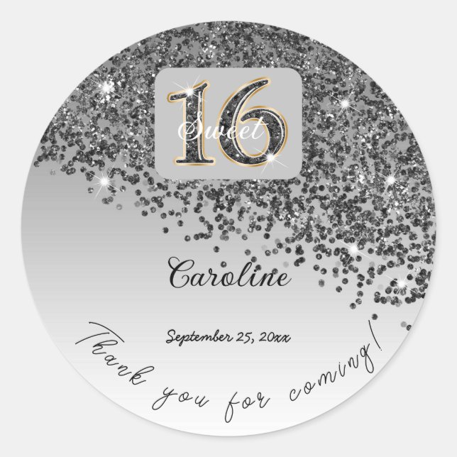 Sticker Rond Parties scintillant noire qui tombe, Sweet 16 Merc (Devant)