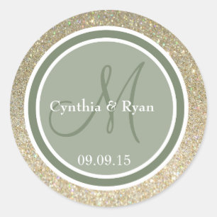 Sticker Rond Parties scintillant or et Camo Mariage vert Monogr