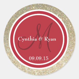 Sticker Rond Parties scintillant or et Mariage rouge Monogramme