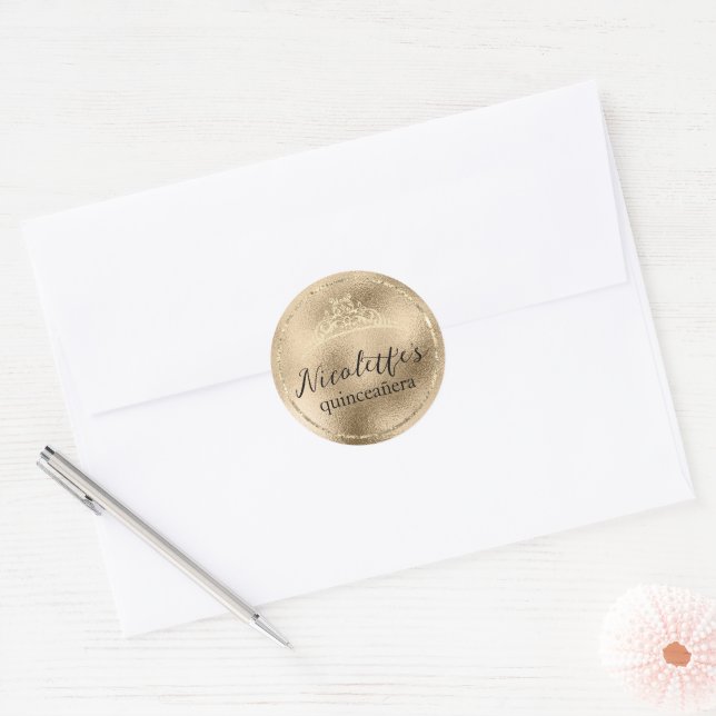 Sticker Rond Parties scintillant or glamour Tiara Quinceañera (Enveloppe)