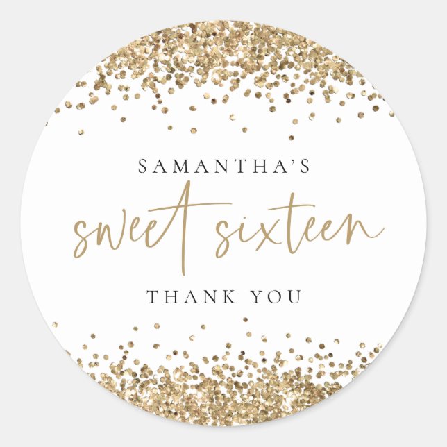 Sticker Rond Parties scintillant or tendance Sweet sixteen Merc (Devant)