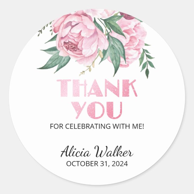 Sticker Rond Parties scintillant Peony rose Végétal Floral Anni (Devant)